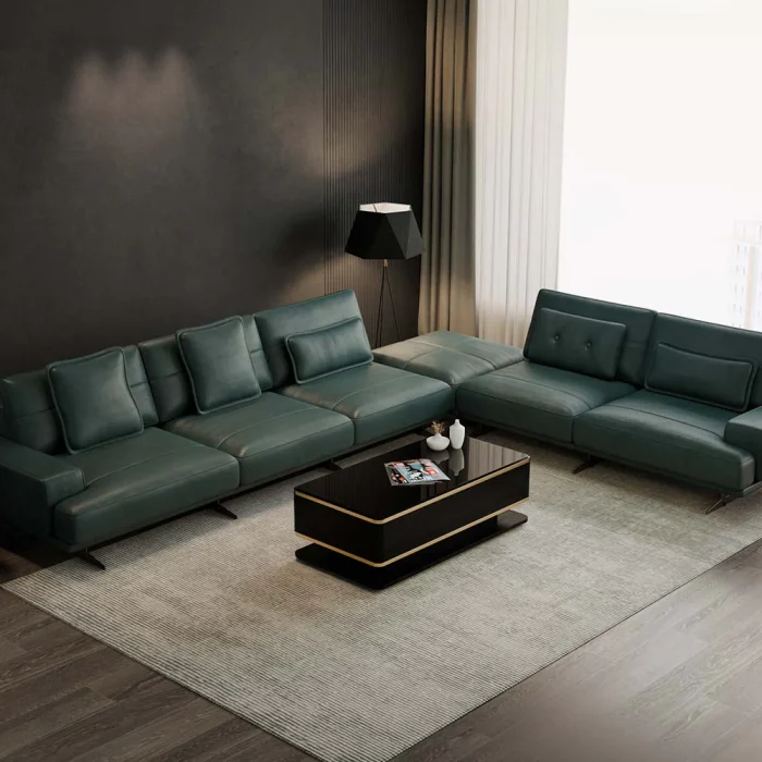 Đóng bộ ghế sofa da góc L màu xanh cổ vịt