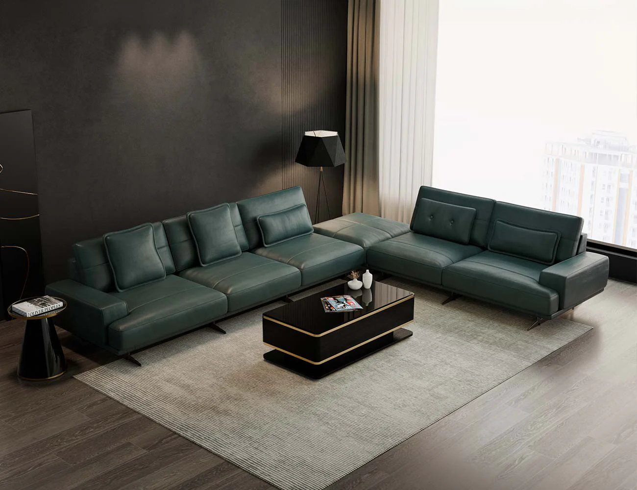 Đóng bộ ghế sofa da góc L màu xanh cổ vịt